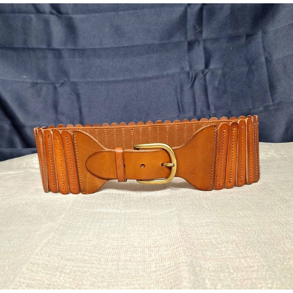 Anthropologie Wide Tan Leather Elastic Waist Belt with Brass Buckle